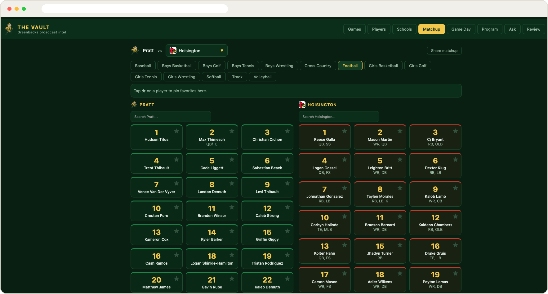 Player Vault broadcast intelligence