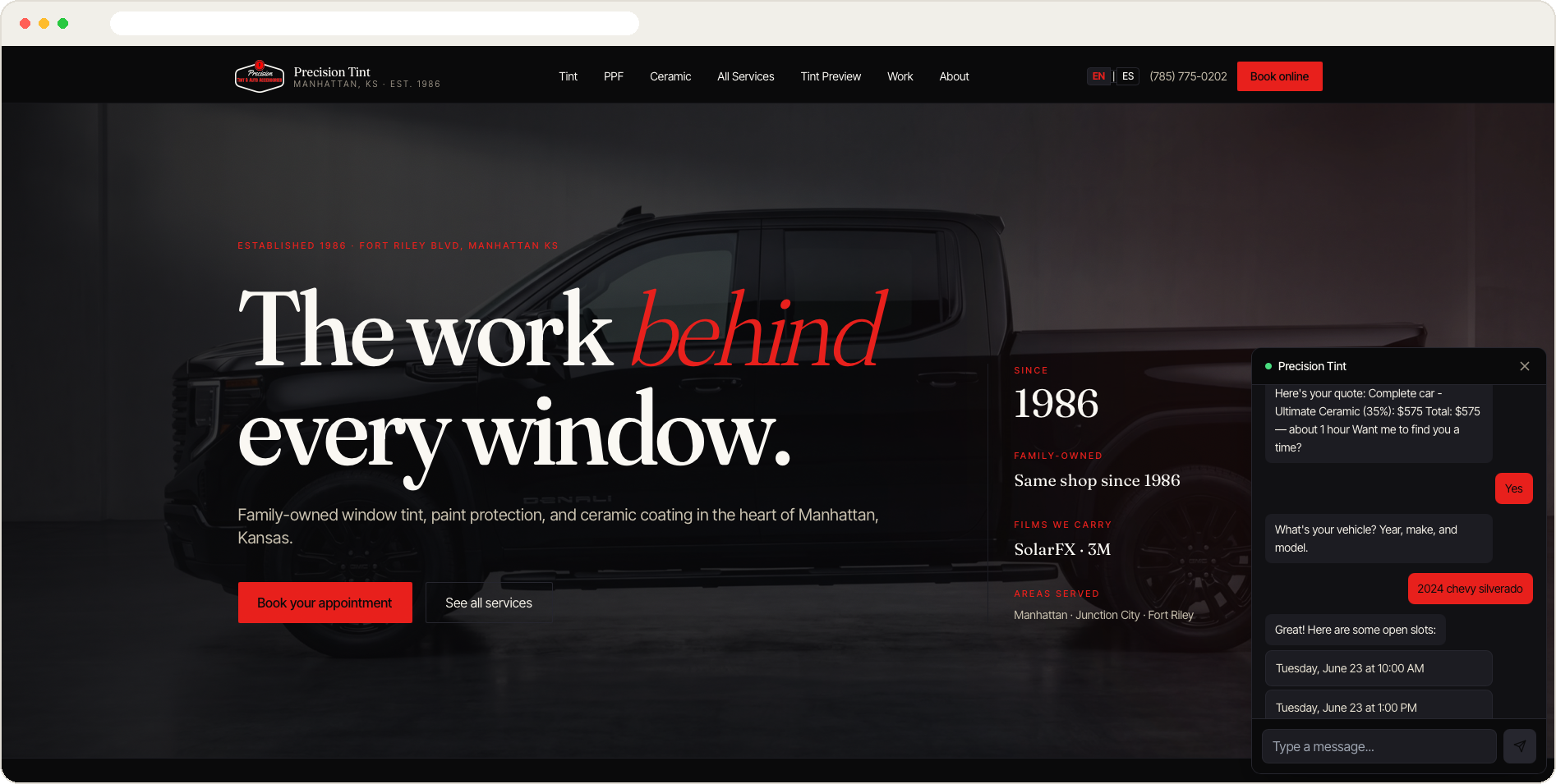 Precision Tint website with booking agent